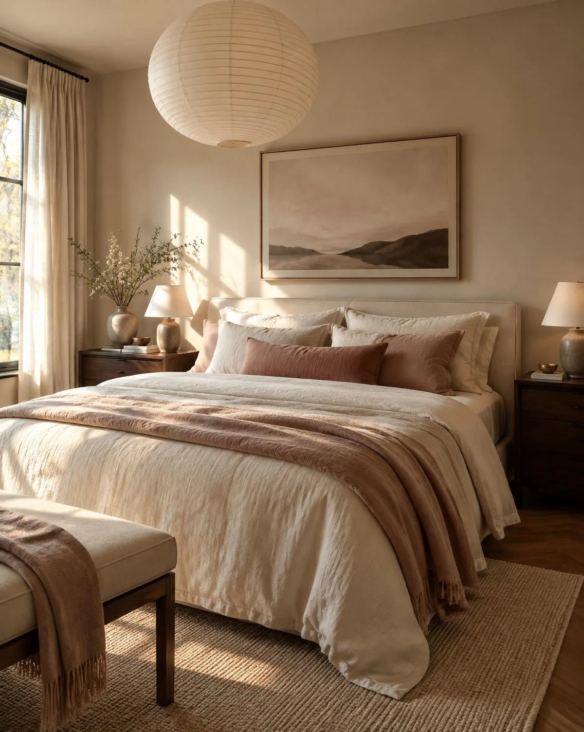 Warm bedroom with layered cream and blush linen bedding