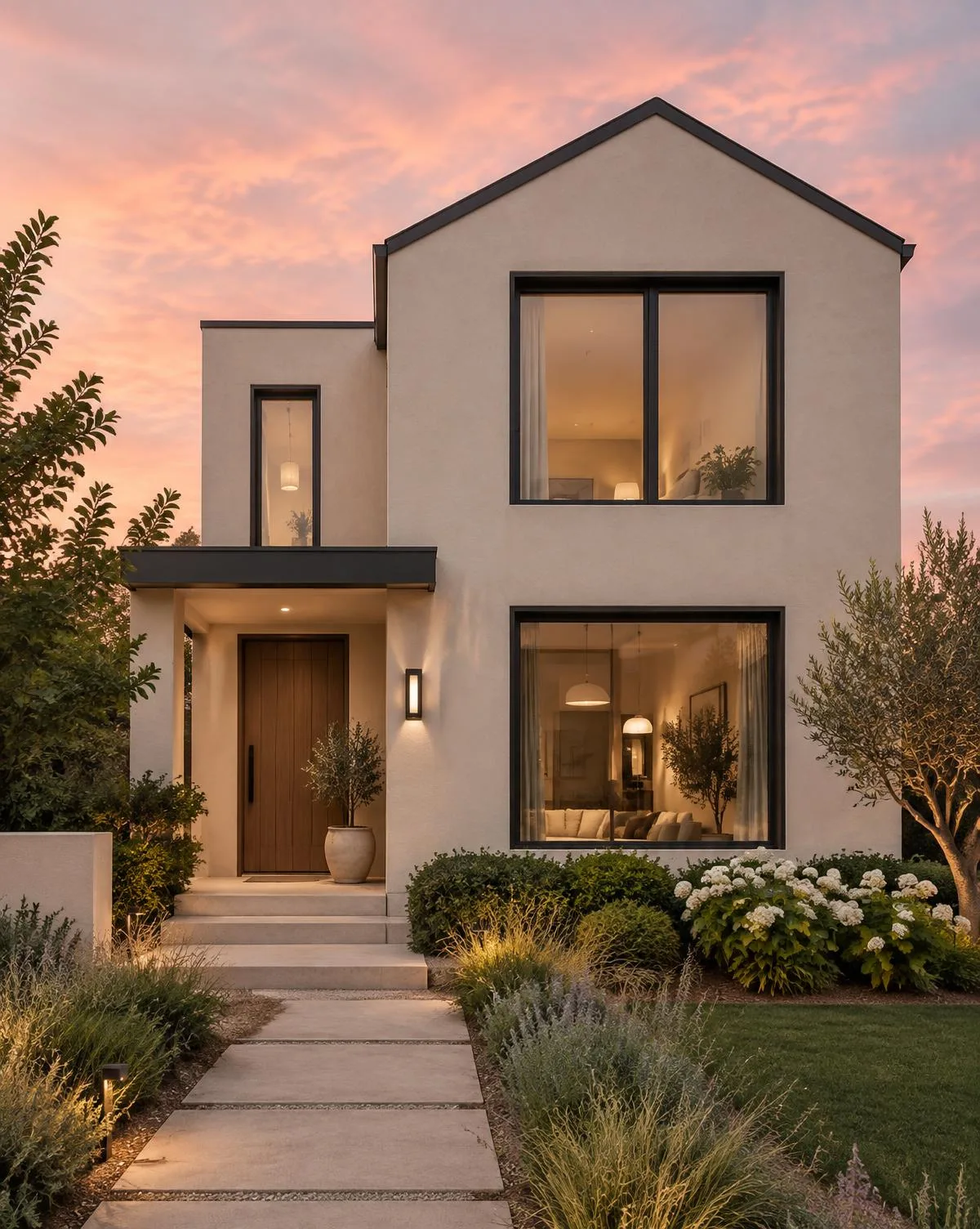 Modern cream stucco house with charcoal windows and a landscaped entry