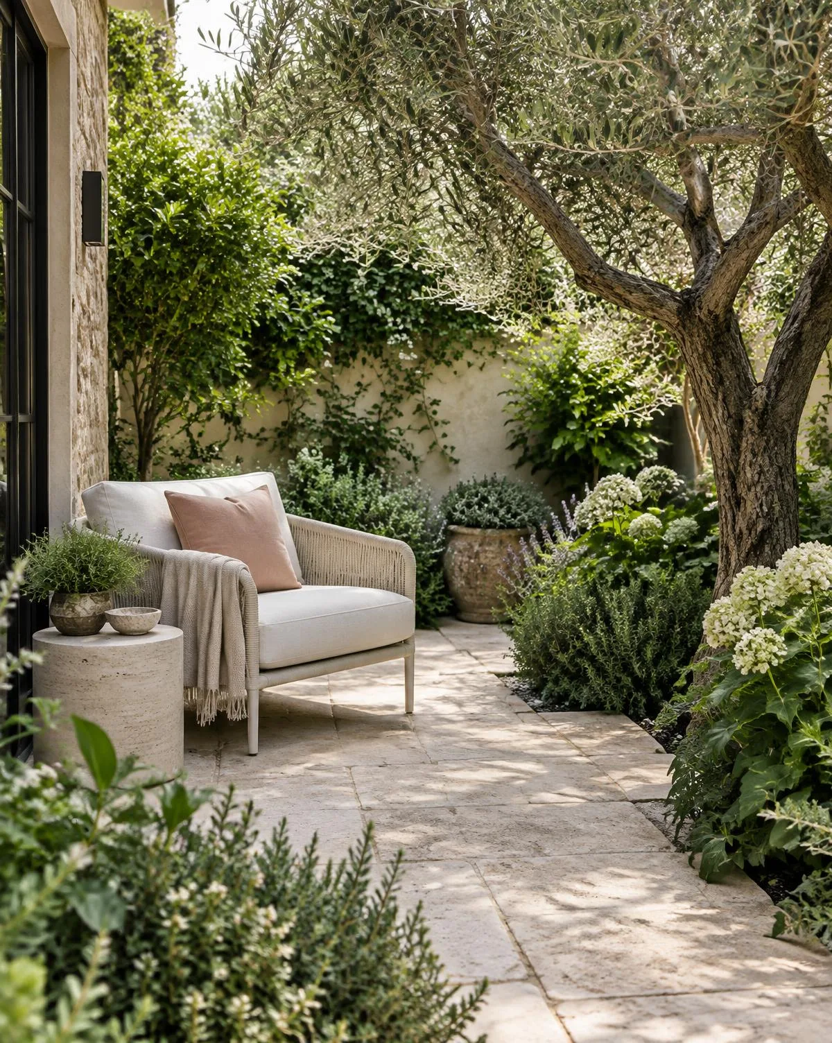 Lush courtyard patio with an olive tree and cream lounge chair