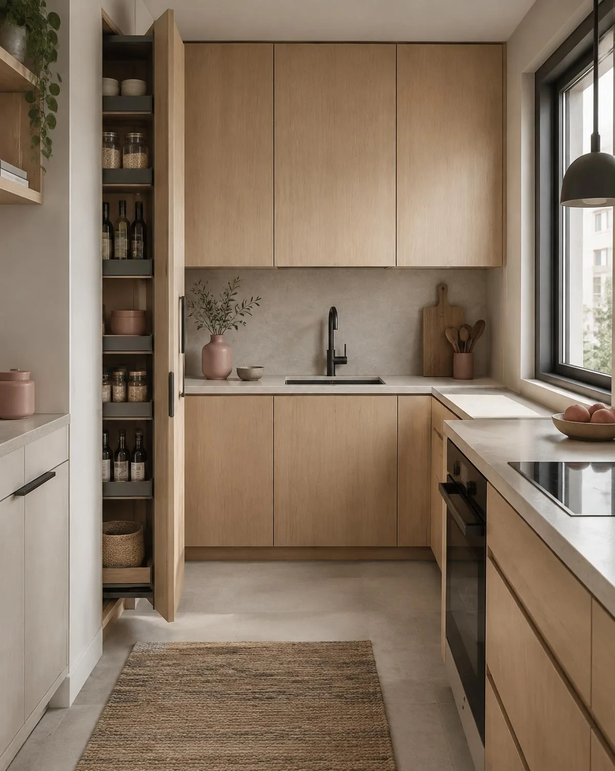 Compact oak kitchen with a slim pull-out pantry and charcoal fixtures