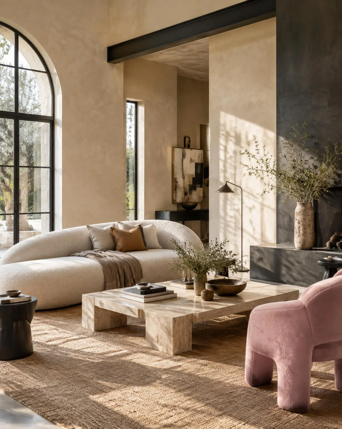 Sunlit modern living room with a curved cream sofa and blush accent chair