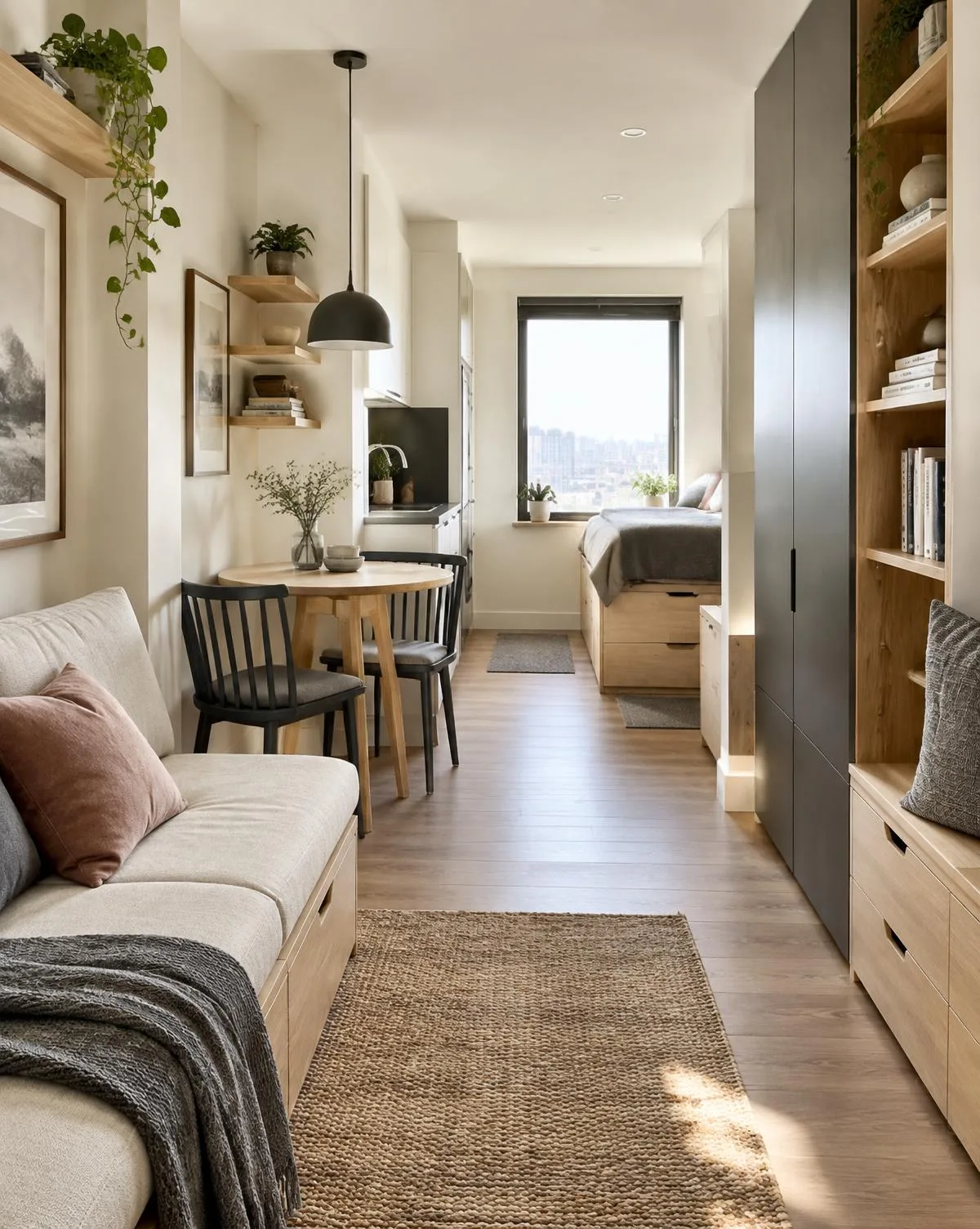 Bright studio apartment with built-in storage and a compact dining nook